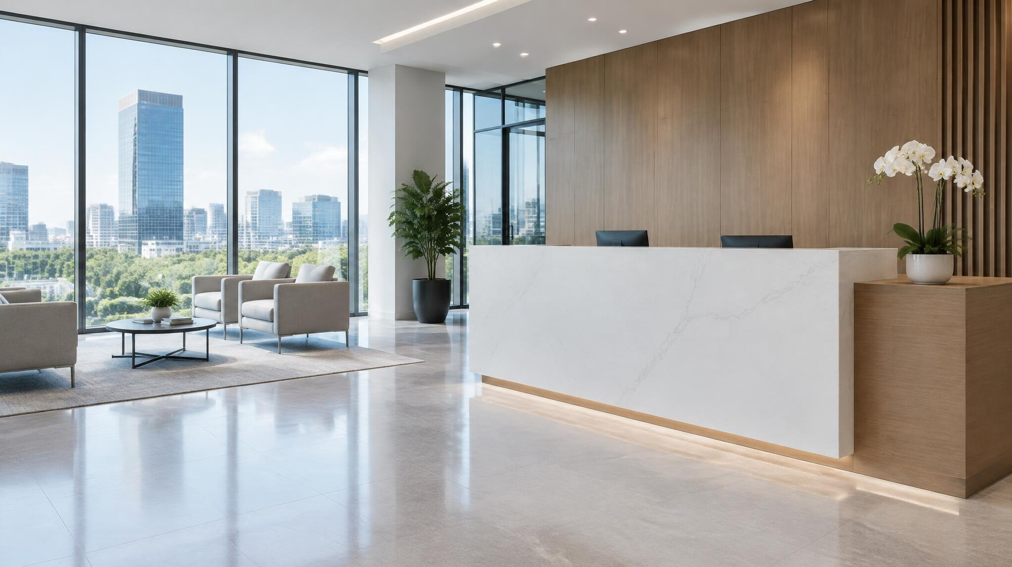 Receptionist desk in a modern office lobby