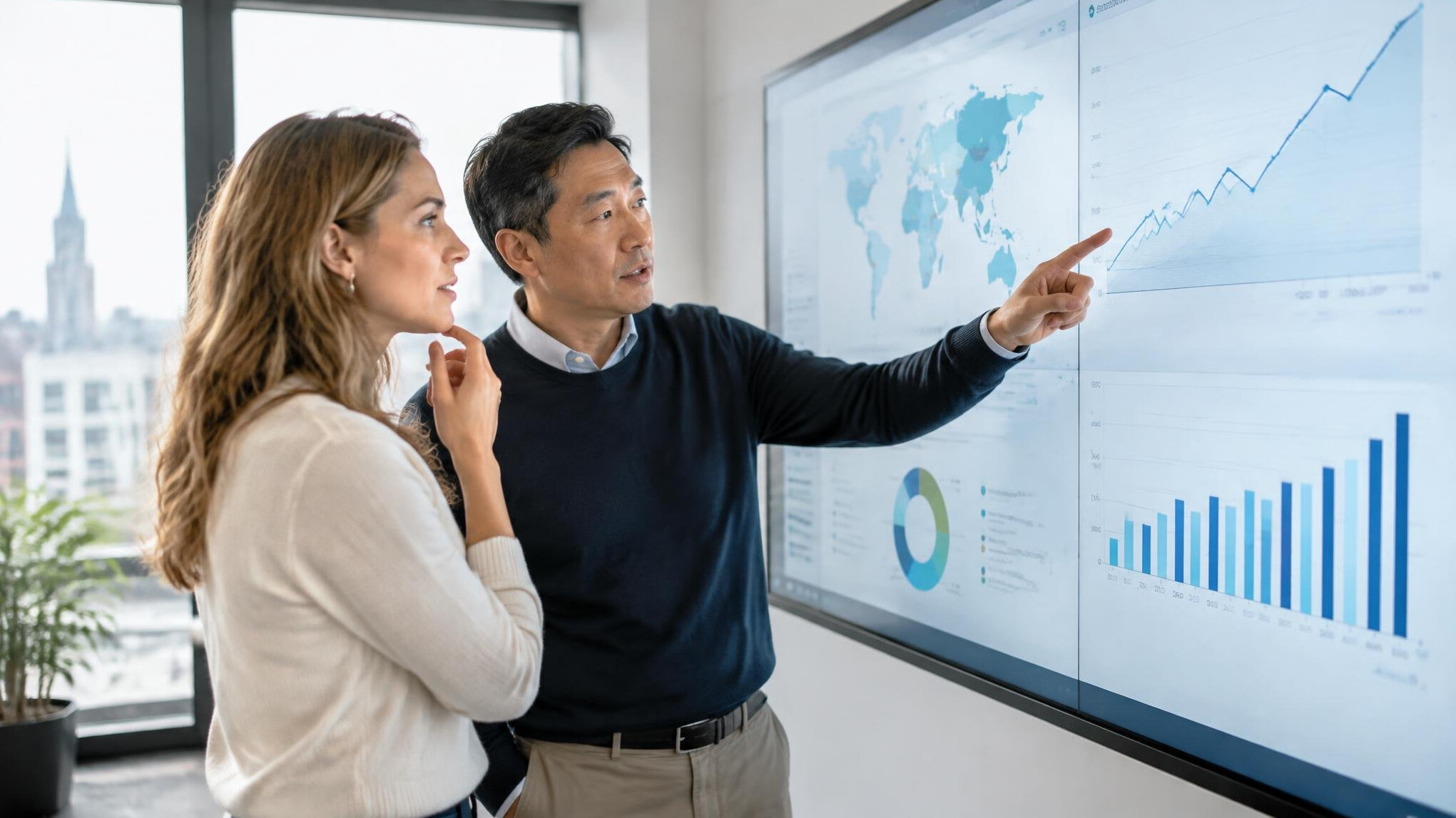 Analysts reviewing a wall screen with market growth charts