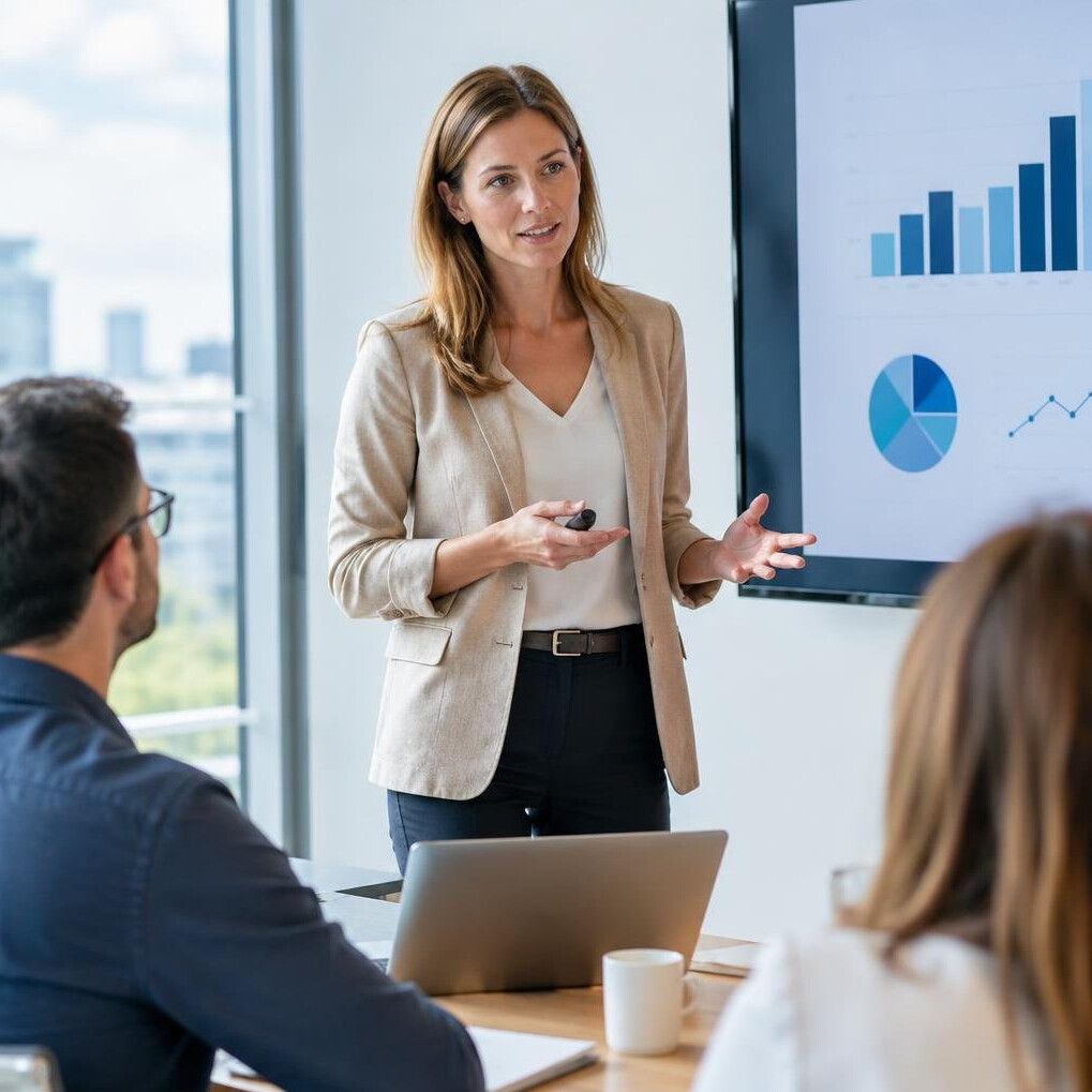 Analyst presenting a briefing report to colleagues