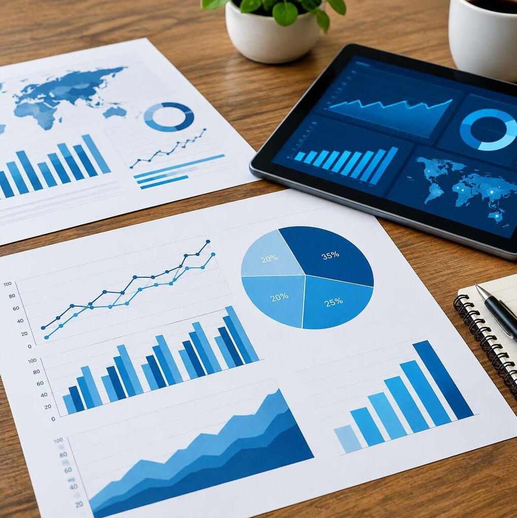 Market analysis charts on a desk