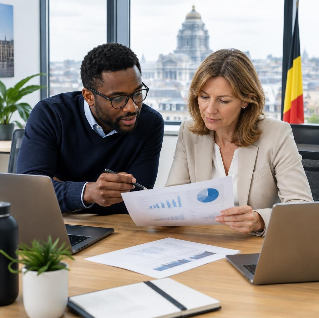 Two analysts reviewing a commercial briefing report